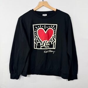 Keith Haring Heart Graphic Sweatshirt Black Crewneck Pullover Medium